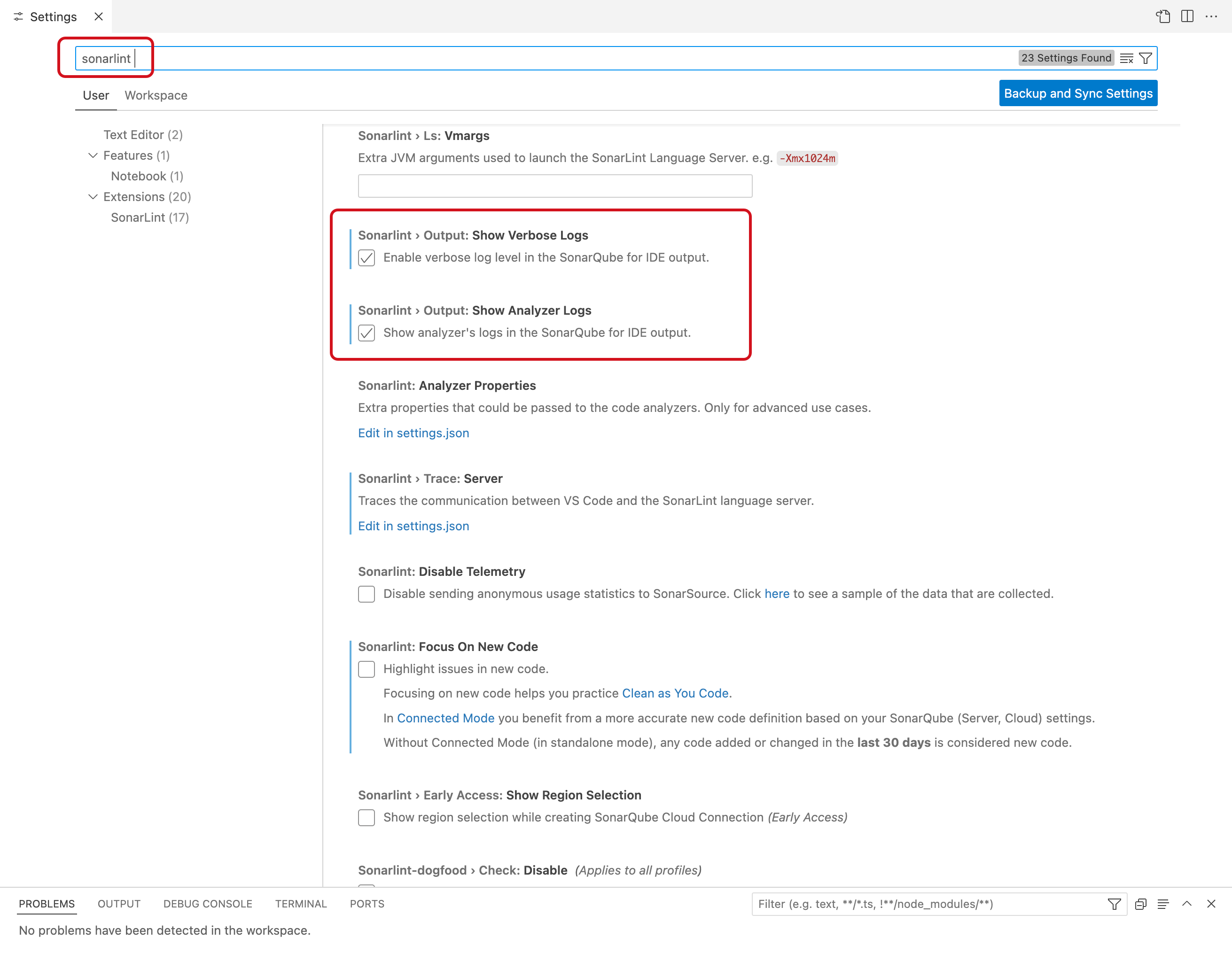 Where to turn on the Analysis logs and Verbose output when troubleshooting SonarQube for VS Code.